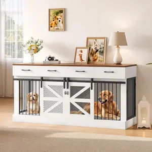 Valentine's Day gifts 71" Extra Large Dog Crate Furniture with Removable Divider & 4 Storage Drawers - Heavy-Duty Wooden Indoor Kennel TV Stand for 2 Dogs, Multi-Functional Pet Furniture for Large/Medium Dogs