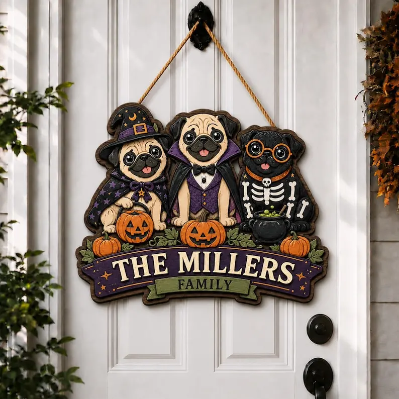 Custom Pug Halloween Door Hanger, Personalized Family Name Sign, Cute Costume Dog Pumpkin Wooden Front Door Decor, Pet Lover Gift