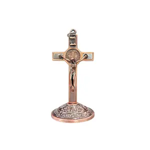 3.74'' Antique Copper Saint Benedict Crucifix with Self-Adhesive Base, Detachable Jesus Cross Statue with Double-Sided Tape, Stick on Car Dashboard, Home Altar and Office, Catholic Spiritual Protection Religious Gift for Christian Believers