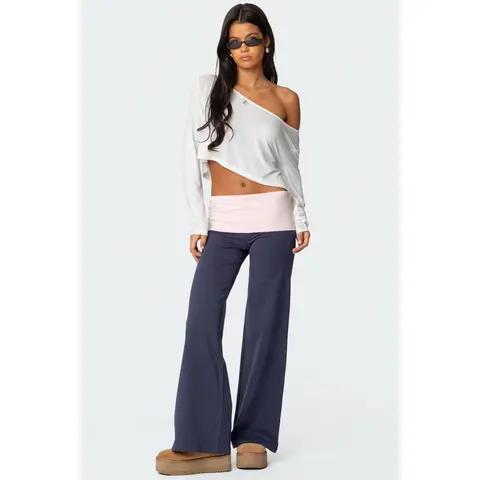 Wide Leg Contrast Foldover Pants