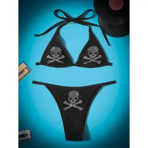 G Grunge Skull Rhinestone Bikini Set Triangle Bra & Thong Bottom 2 Piece Gothic Bathing Suit,Summer Beach