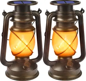 Solar  LED Lanterns Decorative Outdoor,2 Pack Bronze  Lanterns with Dancing Flame, Solar Hanging Lights for Camping Patio Garden Yard Pathway Decor
