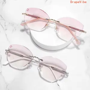 Frameless Rhinestone Reading Glasses, Blush Lenses With Blue Light Blocking Function For Computer Use