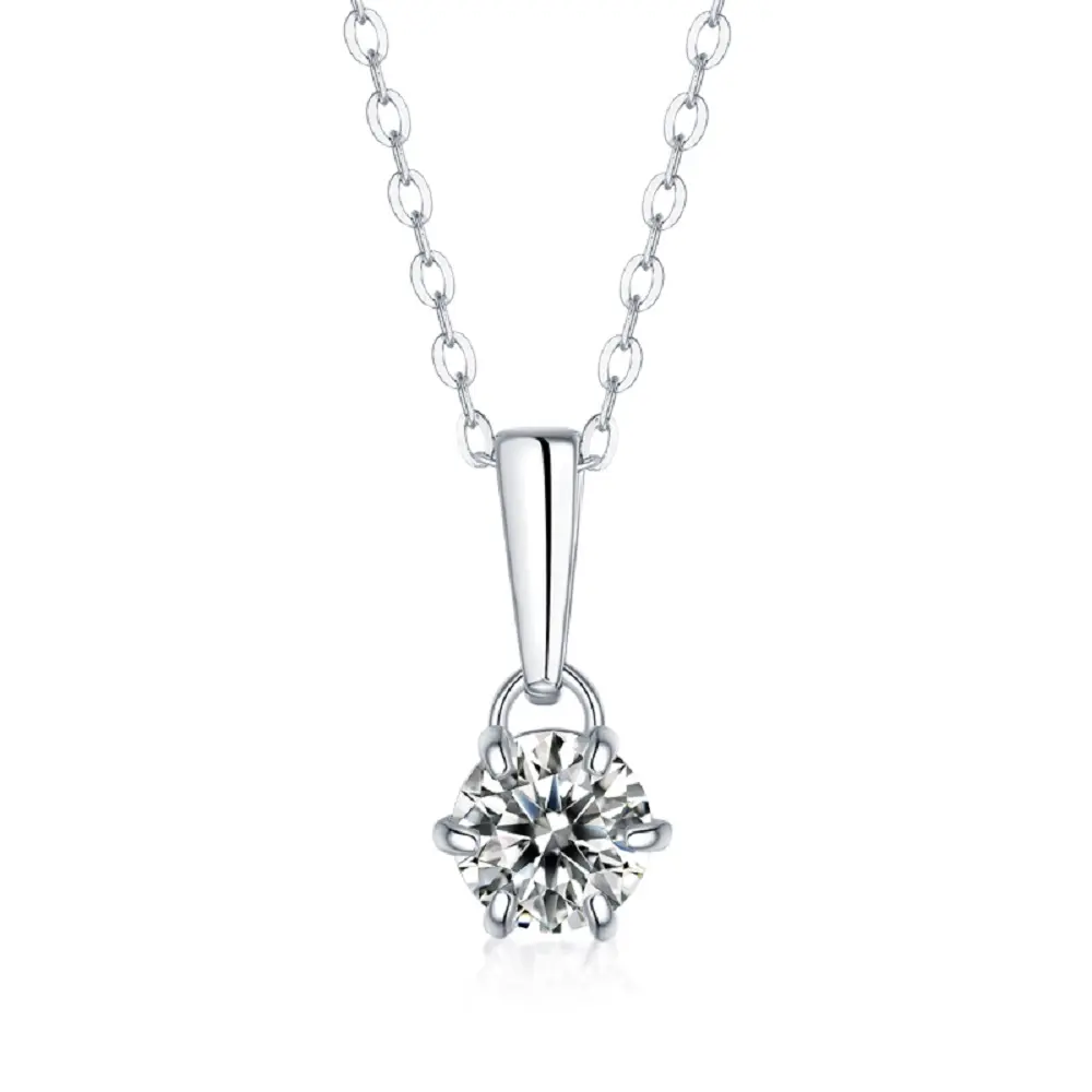Classic Round Solitaire Moissanite Pendant Necklace, Six-Prong Setting, D Color VVS Round Moissanite, S925 Sterling Silver O-Link Chain, Elongated Tapered Bail, Birthday, Anniversary and Valentine’s Day Gift for Women