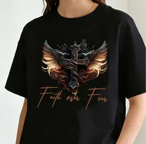 Faith Over Fear Cross T-Shirt | Gothic Winged Celtic Cross Graphic Tee，women and men summer clothes