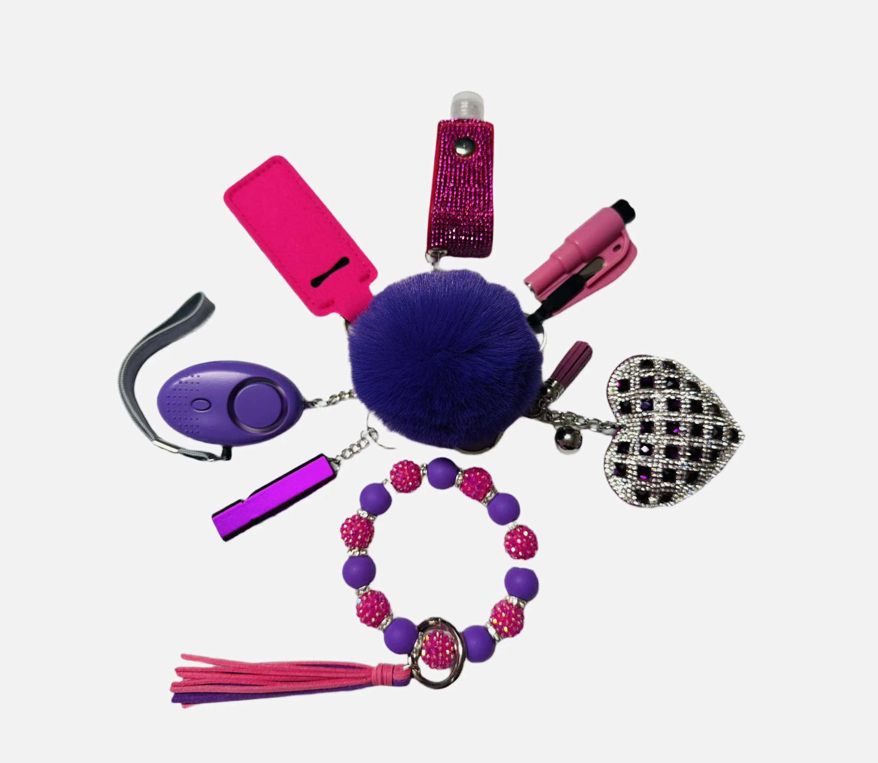 Pink and Purple Safety and Accessory Keychain Set with Silicone Beads