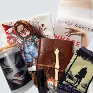 Horror Date with a Book Box - Creepy Thrilling Reading Experience with Gripping Novel Suspense Eerie Pen Unique Postcard Magnetic Bookmark Creepy Socks Flashlight Elegant Notebook Horror Tote Bag Keychain Cup