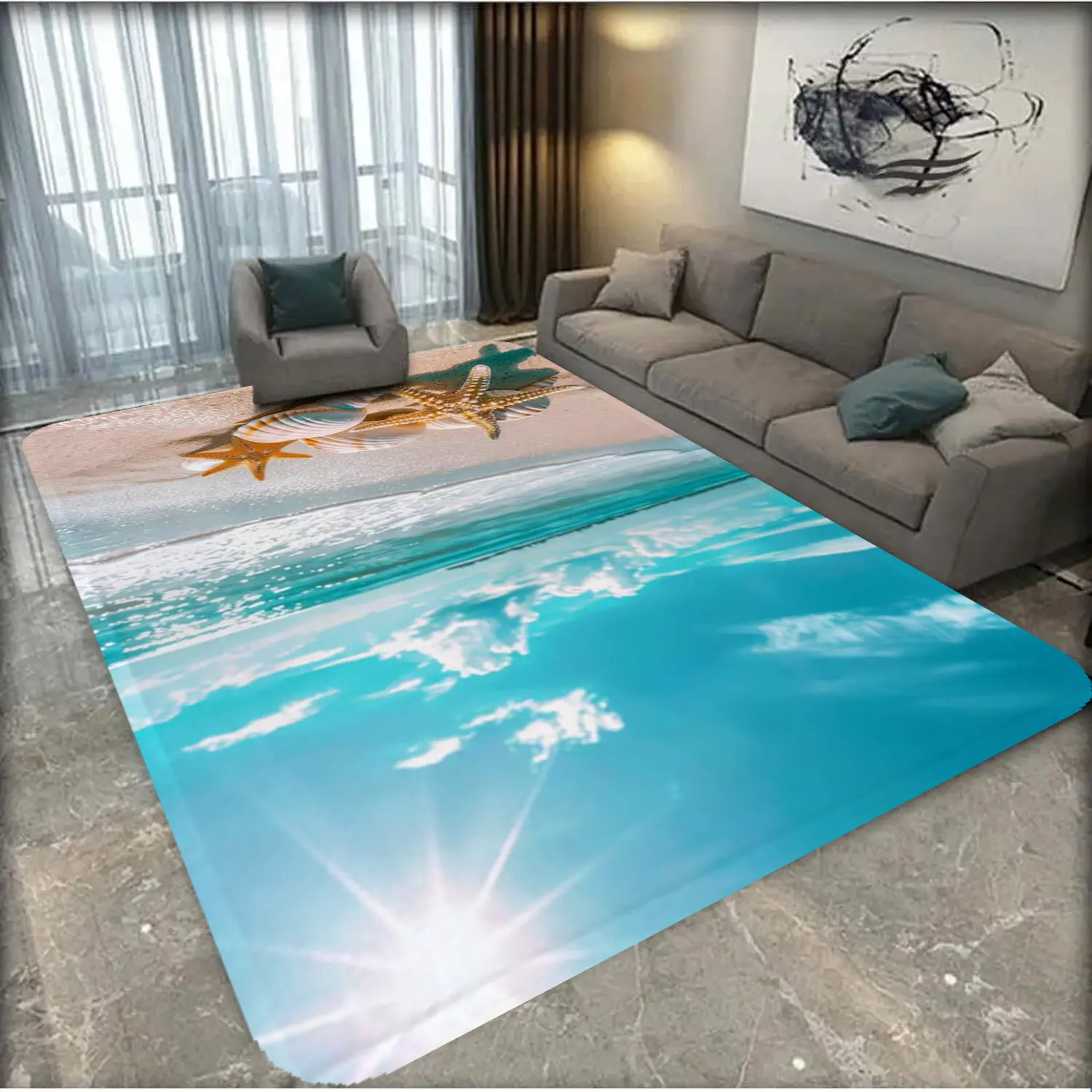 1-piece carpet, Machine Washable Decorative Rugs, with starfish seaside design, washable, anti-slip, good resilience, water-absorbent, soft. Suitable for entryways, kitchens, bathrooms, corridors, door mats, pet mats. A must-have for home decor