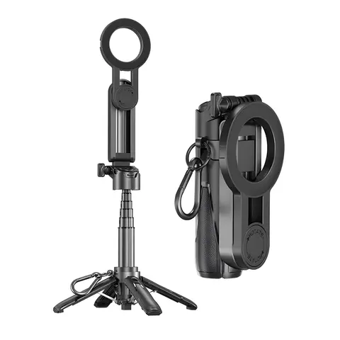 Portable Selfie Stick Tripod for iPhone Android 360° Adjustable, Magnetic Snap-On Mobile Tripod Stand with Fill Light, Extendable Compact Travel Tripod Stabilizer, Wireless Remote for Mobile Photography