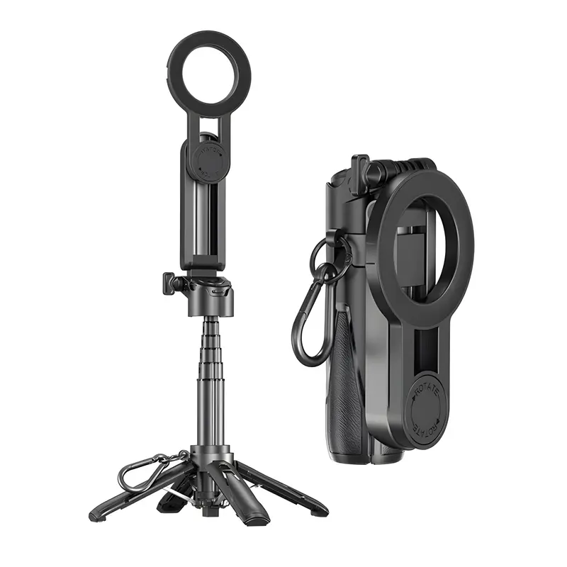 Portable Selfie Stick Tripod for iPhone Android 360° Adjustable, Magnetic Snap-On Mobile Tripod Stand with Fill Light, Extendable Compact Travel Tripod Stabilizer, Wireless Remote for Mobile Photography