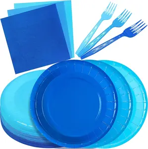 Serves 35 Guests Dusty Blue Plates and Napkins Party Supplies,7" Gradient Blue Birthday Dessert Paper Plates and Napkins,Disposable Party Dinnerware for Wedding,Graduation