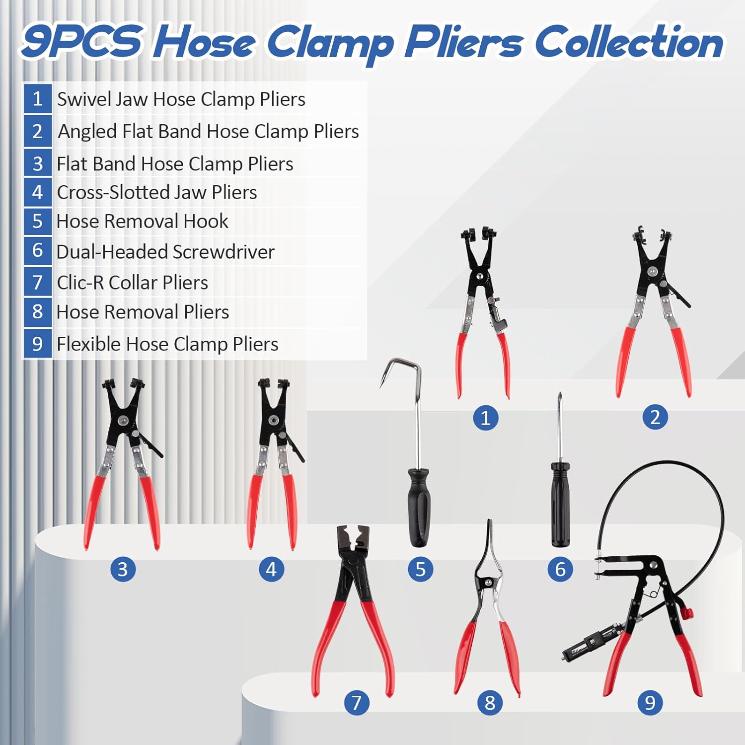 9PCS Hose Clamp Pliers Set Hose Clamp Removal Tool for Automotive Coolant Radiator Heater with Flexible Wire Long Reach Hose Clamp and Flat Band Pliers
