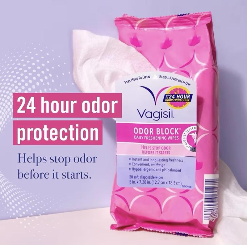 Vagisil Odor Block Daily Freshening Wipes for Feminine Hygiene in Resealable Pouch, Gynecologist Tested & Hypoallergenic, 20 Wipes (Pack of 3)