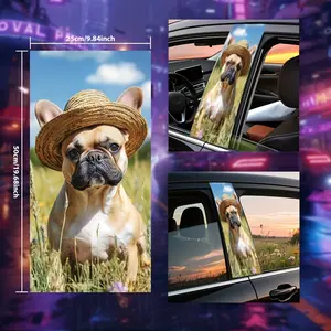 2PCS Cute French Bulldog with Straw Hat on Grass Car Stickers for Glass, Metal, Plastic, Ceramic & Wood Surfaces, Anime Fantasy Animal Space Cartoon Theme, Rectangle Semi-Matte Finish