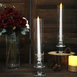 2-Pack Crystal Glass Hurricane Taper Candle Holders 14", Clear Cylinder Chimney Tubes - Tall Decorative Candle Stands
