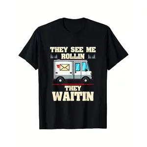 Menswear Oversized 100% Cotton Short-Sleeve Graphic Print T-Shirt - Comfy Round Neck Tee for Postal Workers, Casual Outings, Everyday Tasks