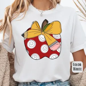 Apple Pencil Bow Teacher Shirt, Teacher Shirts, Back to School Shirt, Gift for Teacher, Teacher Appreciation, Teacher Apple