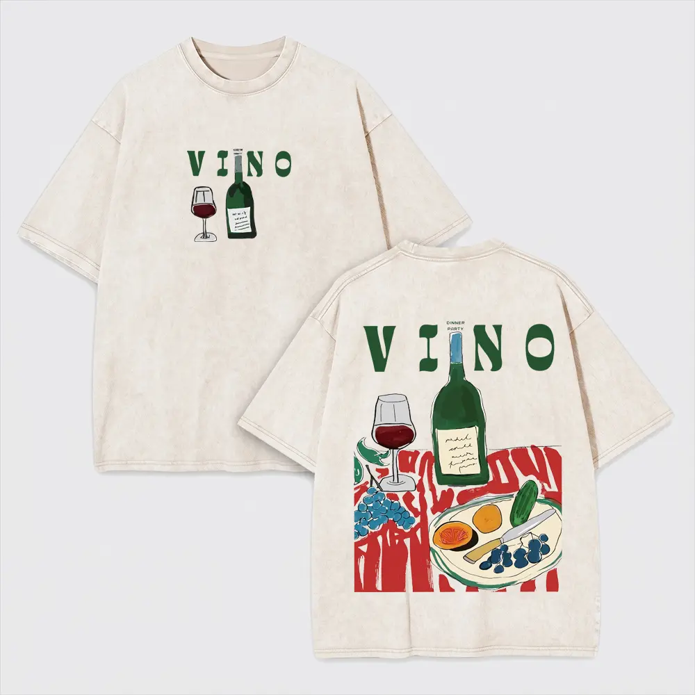 Women's Casual Short Sleeve Round Neck T-Shirt - Printed Pattern, Soft & Comfortable Fabric,VINO Wine Bottle Fruit Cheese Graphic Vintage Washed T-Shirt, Retro Food and Drink Typography Tee, Soft Faded Oversized Unisex Short Sleeve Streetwear Shirt