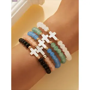 Women’s 5-Pack Beaded Bracelet Set - Cross Charm Bangle, Copper Alloy Pearl Stackable Bracelets, Multicolor Glass Bead Jewelry with Shell Detail, Year-Round Daily & Party Wrist Accessories, Gift for Women