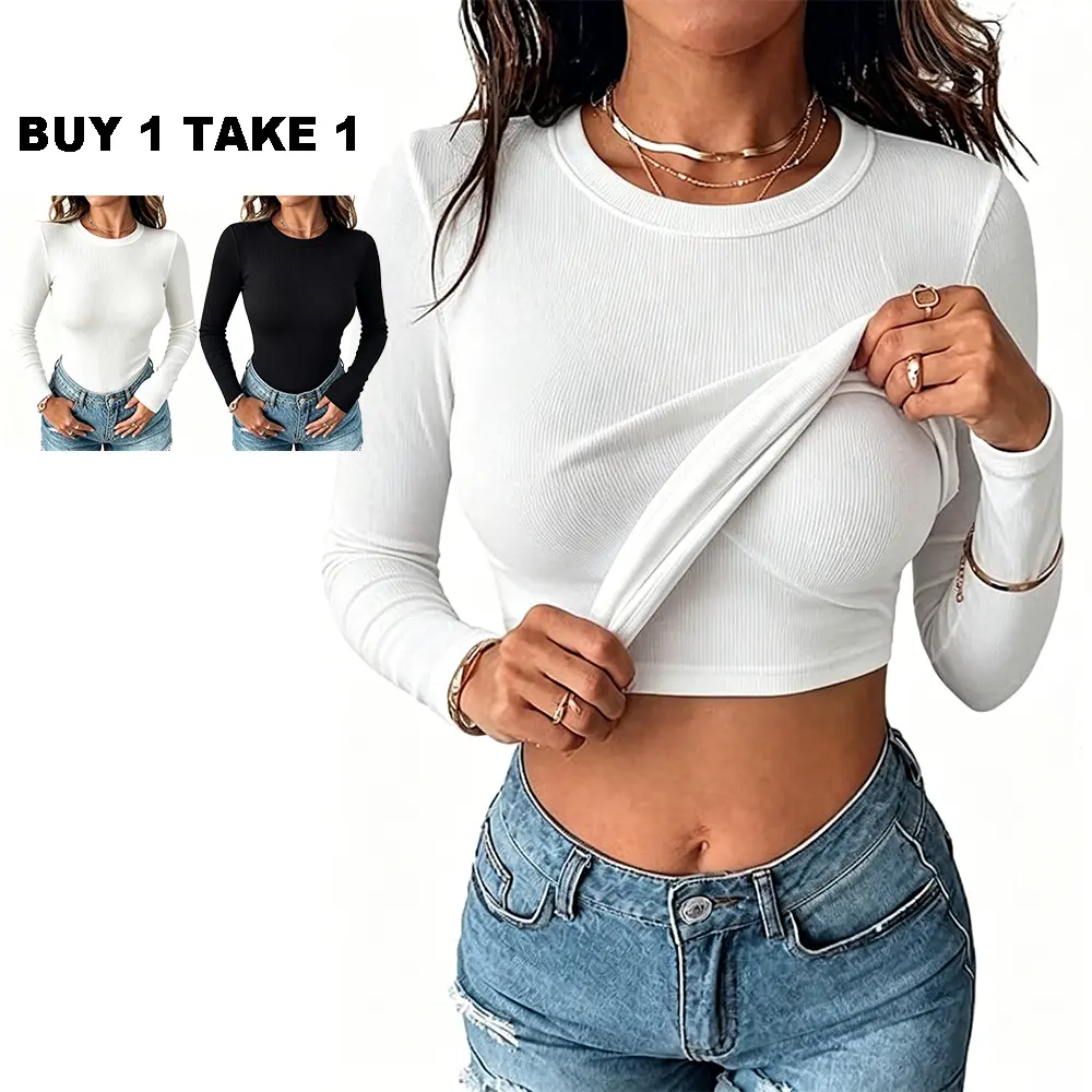 Buy 1 Get 1 Free Built-in Bra Womens Long Sleeve Stretch Crewneck Ribbed T-Shirt Fitted Casual Basic Tops