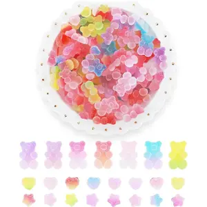 120pcs Kawaii Slime Charms 3D Cute Mini Flatback Nail Gummy Bear Beads Bulk Jewelry Making Candy Embellishments Supplies Multi-Sized Jelly Sugar Heart Star Charms for DIY Cell Phone Scrapbook