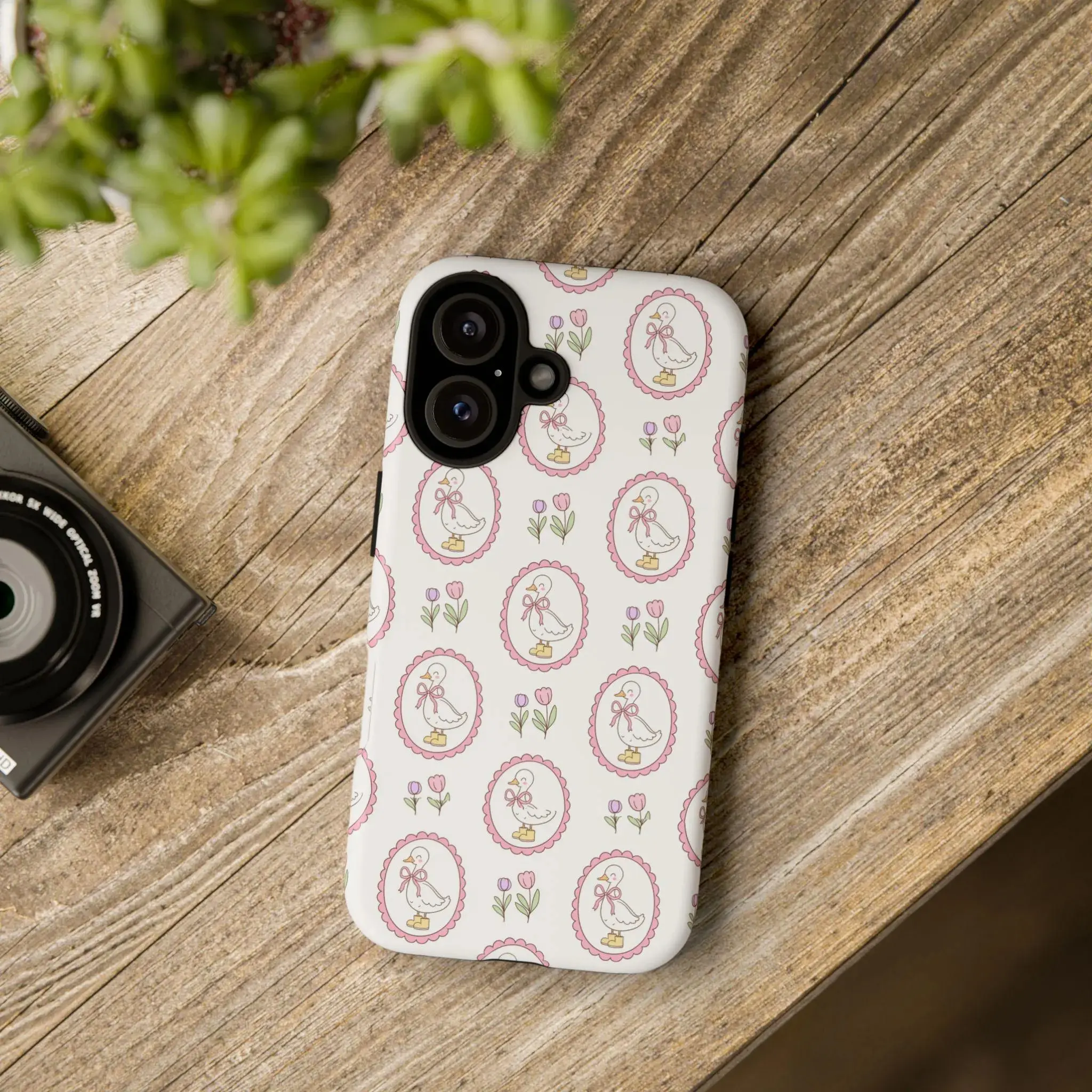 Pink Framed Goose Feather Pattern Glossy 2-in-1 Smartphone Casing - Durable, Shock-Absorbing Handheld Device Protection for iPhone 17/16/15/14/13/12/11/X, Samsung Series, Holiday Gift for Friends, Devices