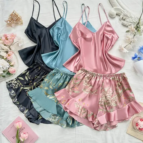 6-Piece Women's Home Wear Set, Simple Solid Color Woven Spaghetti Strap Top with Floral Osmanthus Print Shorts, Casual Lingerie Nightwear Sleepwear for Ladies, Comfortable and Stylish