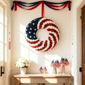 EGOLOT 18Inch Patriotic Roses Wreath 4th of July Summer Soft Touch Foam Roses Wreath for The Front Door Handcrafted Memorial Day Artificial Flowers for Indoor and Outdoor