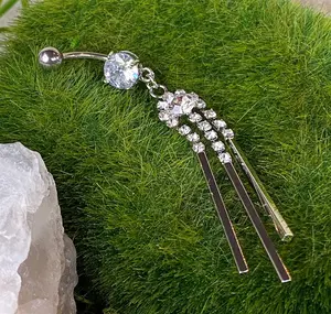 Triple Chime Clear CZ Gem Dangle Belly Ring Navel Piercing Pierced Naval Jewelry