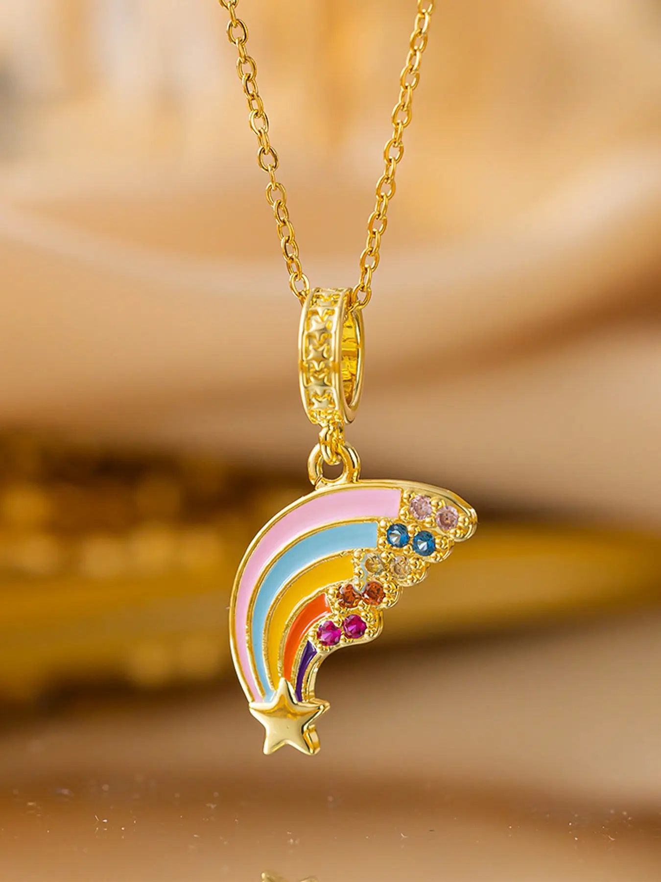 Gold Rainbow Meteor Necklace for Women Colorful Enamel & CZ Pendant with Star Accent Dainty Adjustable Chain Elegant Whimsical Jewelry