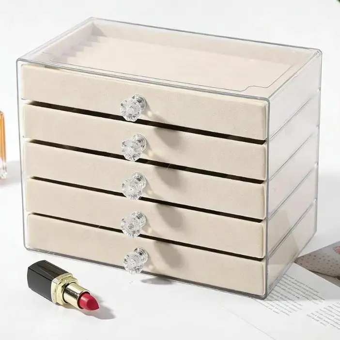 5-Layer Drawer Type Jewelry Organizer with Removable Dividers, Clear Lid Velvet Jewelry Tray, Luxury Desktop Jewelry Storage Box for Rings Earrings Studs Necklaces Bracelets, Multi-Compartment Jewelry Display Case