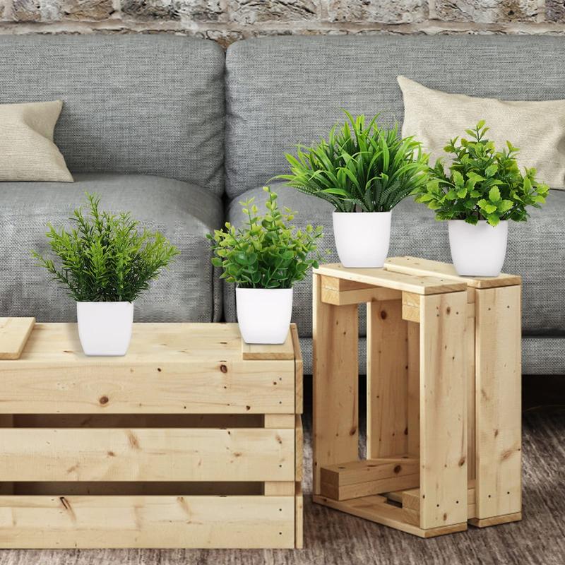 4 Pot Small Fake Plant Flowerpot Artificial Plastic Eucalyptus Plant Wheat Grass Shrub Plant Indoor Desk Coffee Table Bathroom Bedroom Home Decoration