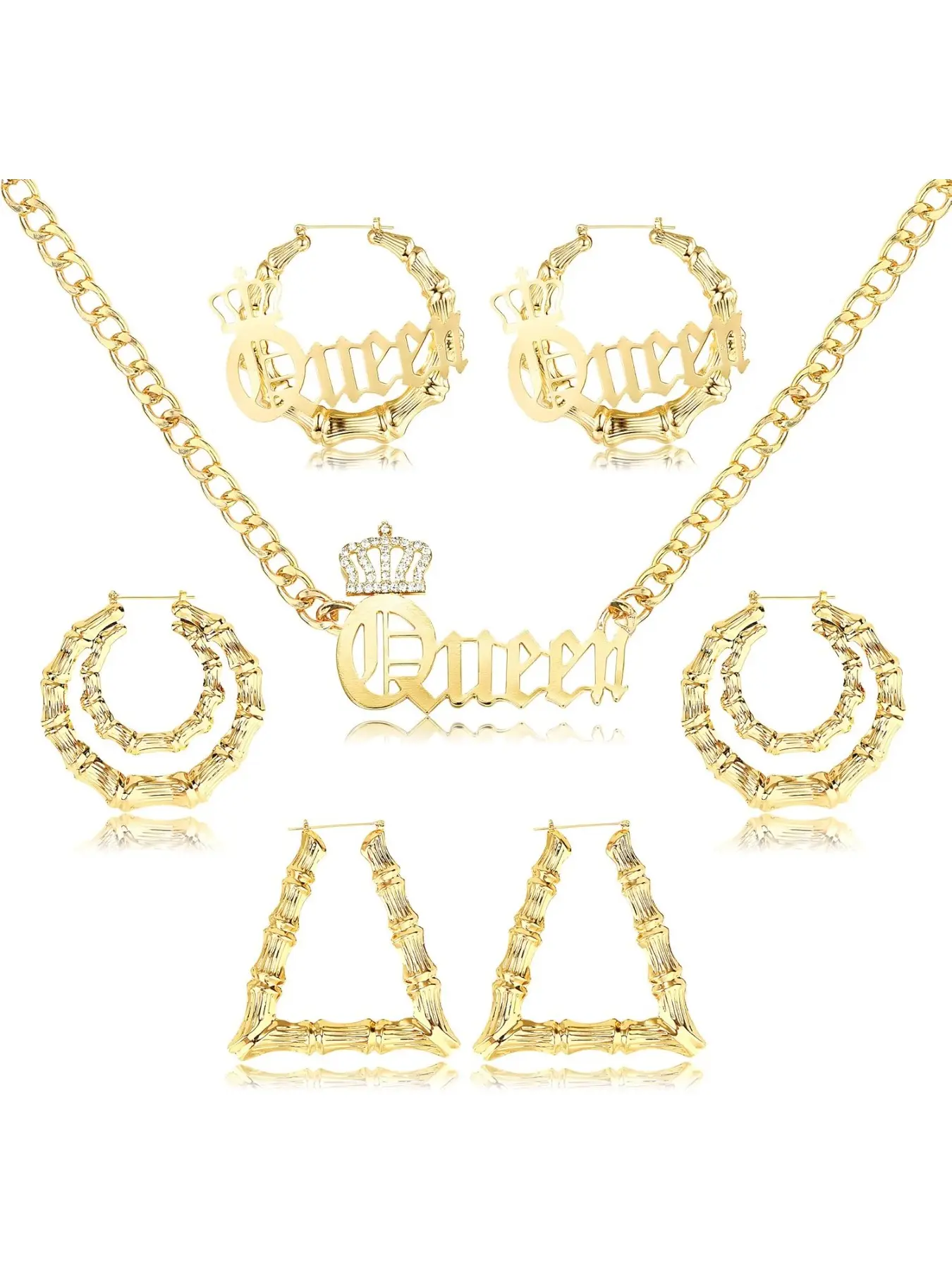 Hoop Earrings for Women 316L Stainless Steel Hypoallergenic Bamboo Hoop Earrings Set - Chunky Curb Chain Necklace, Vintage 80s/90s Punk Hip Hop Style Jewelry Gift Set, Classic Fashionable Accessories Hoop Earring Sets