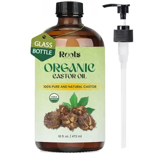 Roots Organic Castor Oil - 100% Pure & Natural - USDA Certified - Glass Bottle with Pump - 16 fl oz / 473 ml - Rich in Vitamin E & Essential Fatty Acids