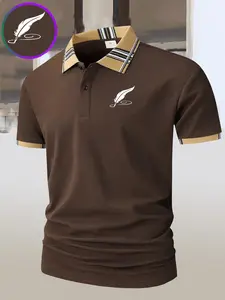 Men's Feather Print Graphic Geometric Pattern Polo Shirt, Slim-Fit Short Sleeve, Button Front, Business & Casual Wear, Organic Textile