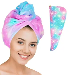 Hair Towel Wrap with Button, 1 Set Cute Cartoon Pattern Hair Drying Towel, Water Absorbent Hair Towel for Kids, Hair Turban Towel