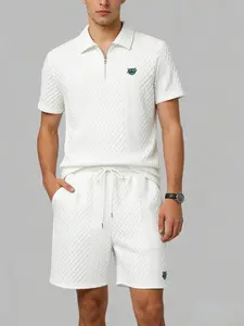 Men's 2-Piece Casual Lapel T-Shirt & Shorts Set, Half-Zip Design Top, Drawstring Shorts, Monster Pattern, Summer Short Sleeve