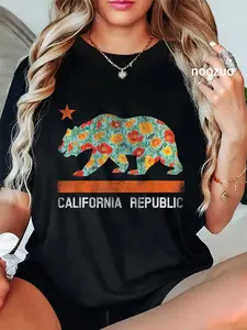 100% Cotton California Republic State Bear Star Poppy Flower LA Cali Tee T-Shirt