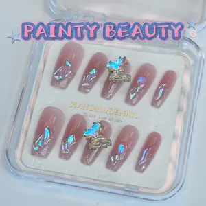 [A98]Coffin Shape Cat's Eye Rotating Butterfly Handmade Press On Nails with Unique Design and Craftsmanship