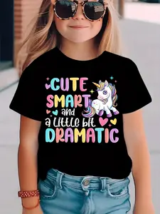 PUEMCO Girls' Short-Sleeve Cotton Graphic Tees - Cute Unicorn Character-Themed, Eco-Printing Colorful Child-Size Cute Graphic Girls' T-Shirts, Toddler Birthday Gift Top, Character-Themed Girls' T-Shirts