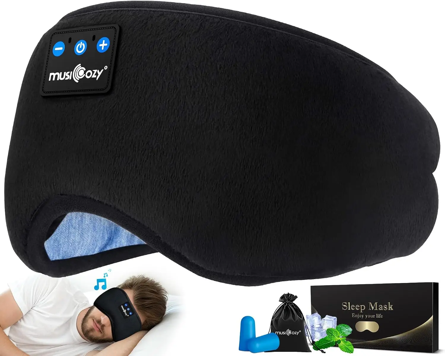 MUSICOZY Sleep Headphones Bluetooth 5.4 Sleep Eye Mask with HD Speakers | Soft Cotton Fabric, Flat Design, 14 Hours Playtime, Washable Headband Style for Side Sleepers, Travel Meditation Relaxation