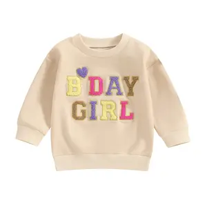 Toddler Baby Girl Birthday Outfit Fuzzy Letter Embroidery Long Sleeve Pullover Sweatshirt T-Shirt Tops Birthday Shirt