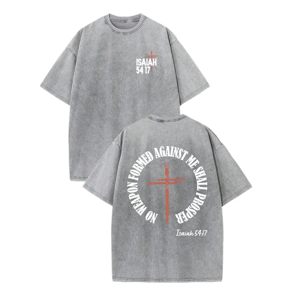 Isaiah 54:17 Vintage Washed T-Shirt – Circular Cross Christian Bible Verse Graphic Tee, Inspirational Casual Wear, Gift for All Faith Believers
