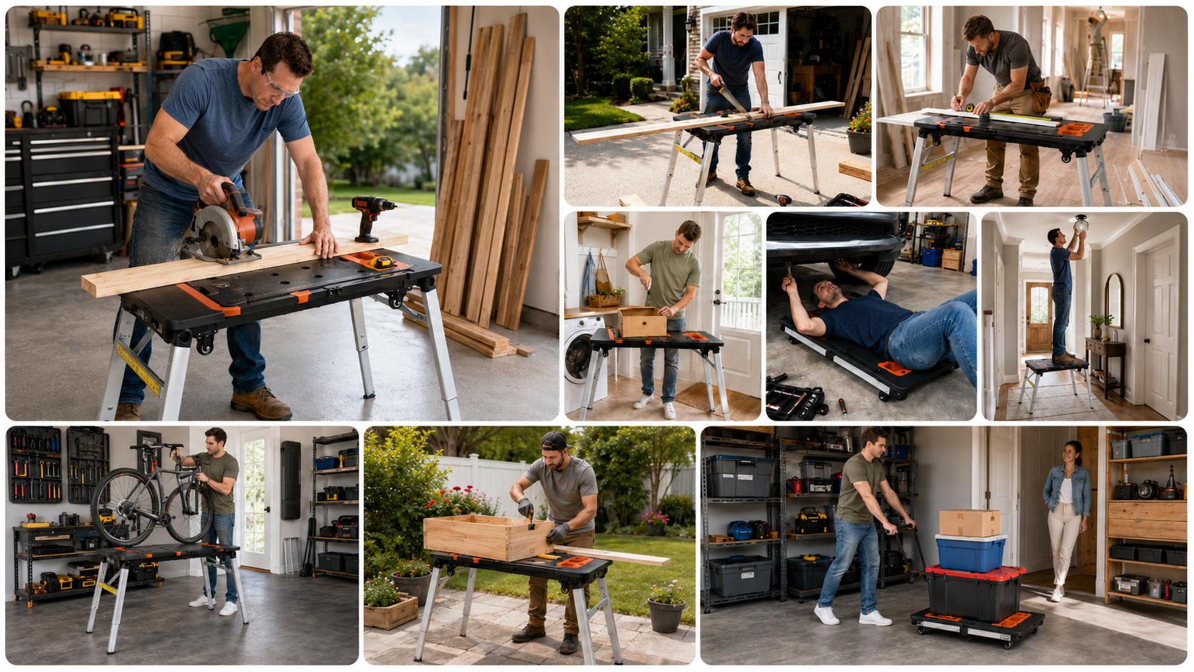 TLGREEN Multifunctional Folding Work Table, 7 in 1 Work Benches for Garage, as Portable Workbench, Sawhorse, Scaffold, Platform, Car Creeper, Dolly and Hand Truck, with 4 Wheels