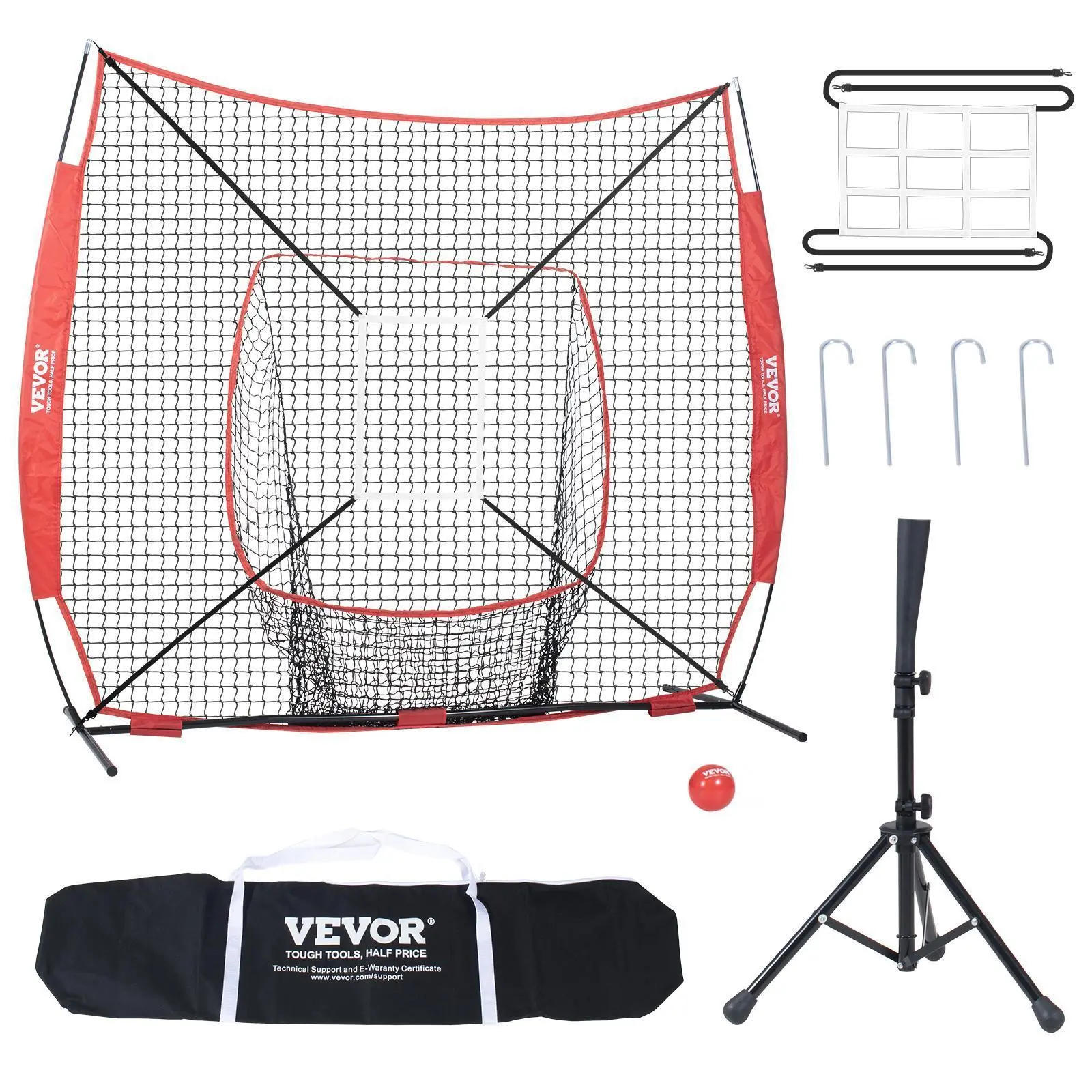 【Fallpicks】VEVOR 7x7 ft Baseball Softball Practice Net, Portable Adjustable Bow Frame Net with Polyester, Carbon Steel Base, 12.7mm Frame, 27.6–42.1" Batting Tee, Strike Zone, Ball Collector, 600D Oxford Bag, 12 White Baseballs