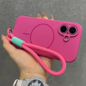 Original Candy Liquid Silicone Magsafe Case for iPhone 16 15 14 Plus 13 12 Pro Max Soft Shockproof Magnetic Lanyard Strap Cover