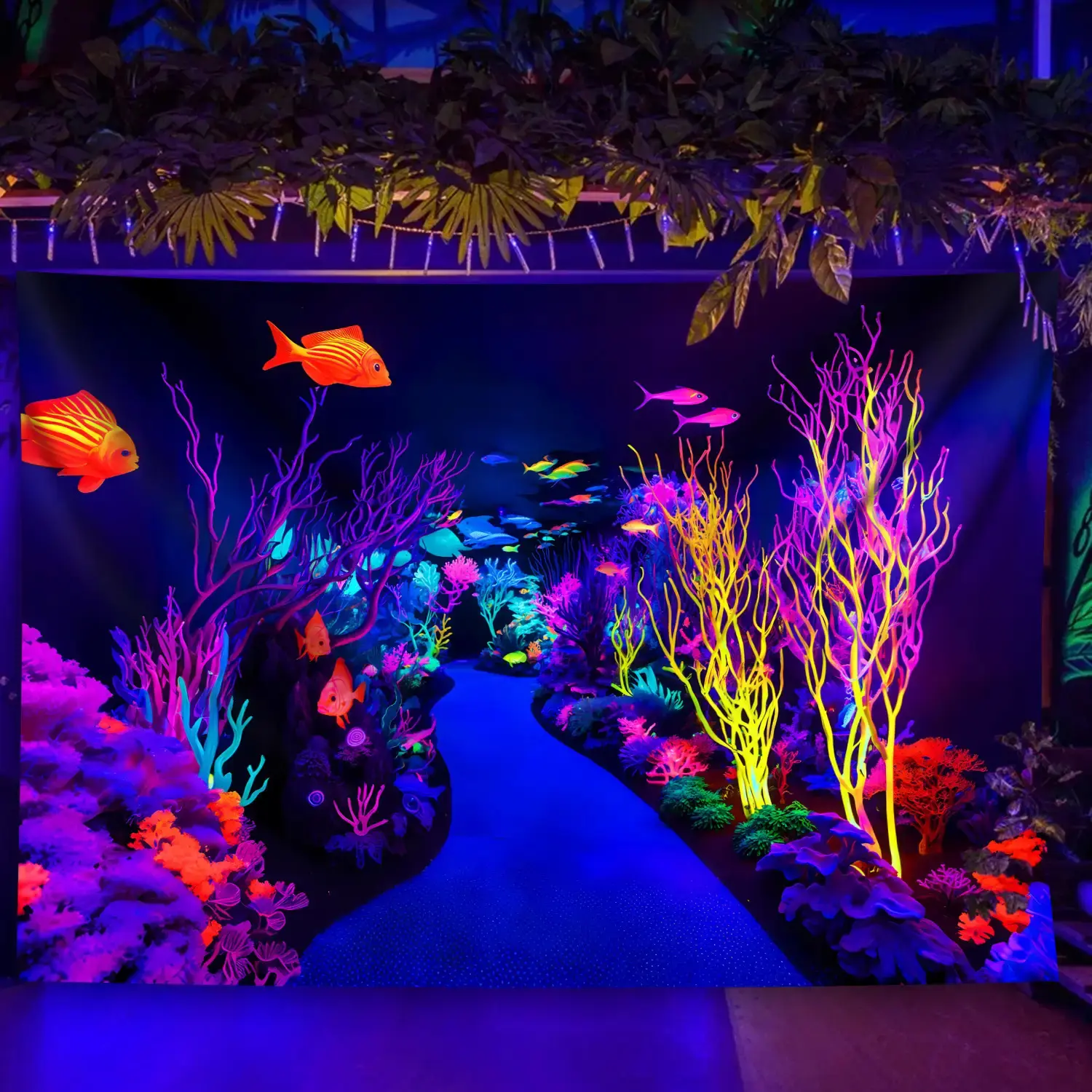 1pc Neon Fish & Coral Tapestry - Glow in UV Light, Large Fluorescent Wall Hanging with Vibrant Colors & Underwater Scene, Soft Polyester Fabric for Bedroom, Living Room, Home Office Decor, Party & Festival Accent, Bedroom Wall Decor |     Fantasy Underwat