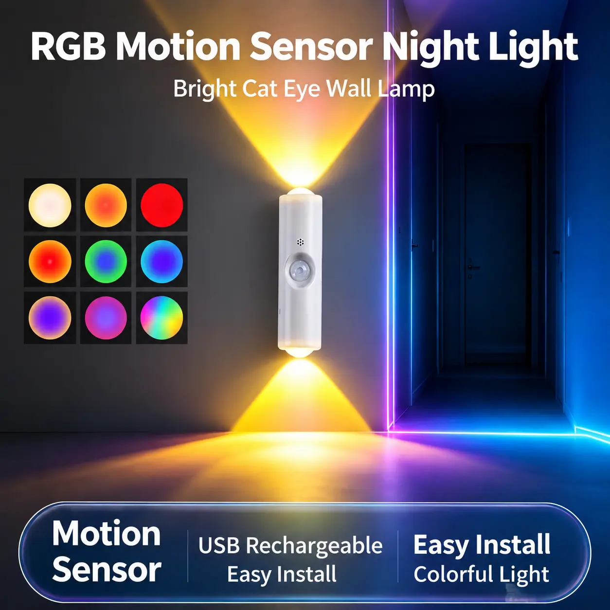 4 Pack Magnetic Motion Sensor Wall Light - Rechargeable USB RGB Night Lamp with Dimmable Gradient, Adjustable Lighting Modes, Stick-On Wireless LED Ambient Light for Stairs, Bathroom Decor Ideas, Minimalist Decluttering Home Essentials