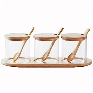 Seasoning Box, Condiment Pots, Glass Condiments Container Condiment Jars with Spoons Container for Spice Salt Sugar Cruet 3PCs