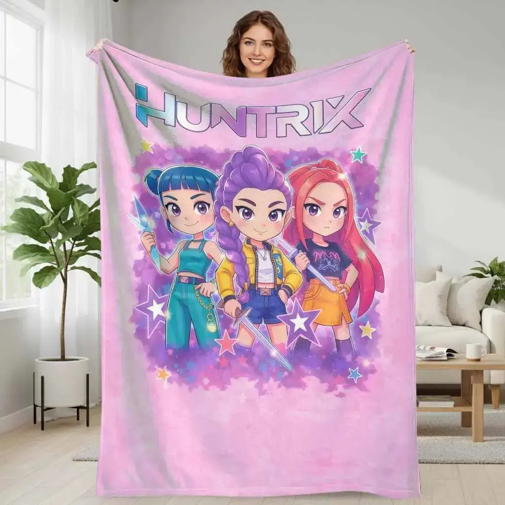 Huntrix Girl Squad Flannel Blanket Colorful Anime Art Print with Star and Sword Elements Soft Cozy Lightweight Throw for Bedroom Sofa Office Nap Birthday Gift Travel and Home Decor summerwins